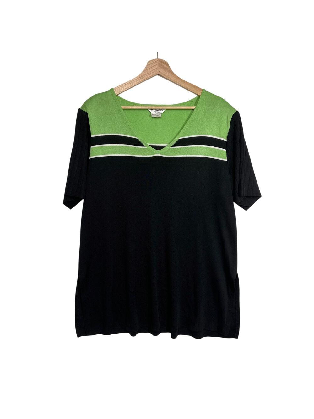 Exclusively Misook Woman Tunic Top Sz 1X Black Green Stripe V-Neck Stretch Knit